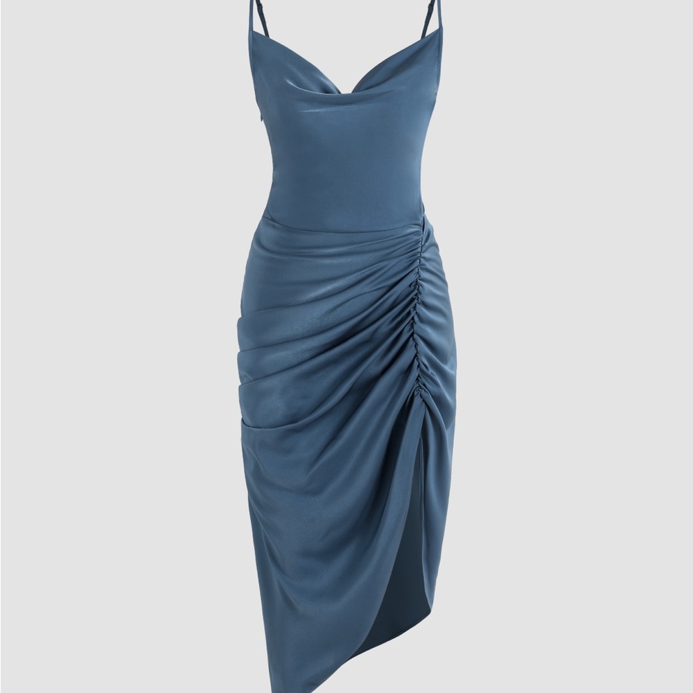 NWT Illusion Ruched Cowl Neck Midi Dress